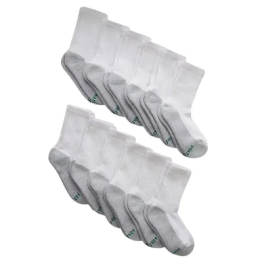 Hanes Boys' 12pk Cushioned Crew Socks Double Tough White Size L (3-9)